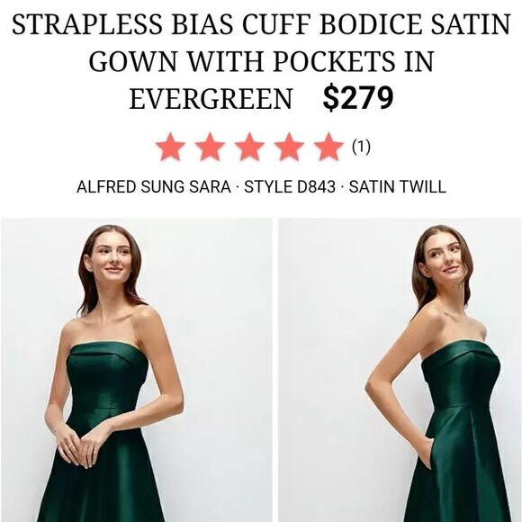 NWT Alfred Sung Sara Gown Strapless Boas Cuff Bodice Satin Dress Evergreen 8 - Picture 10 of 15
